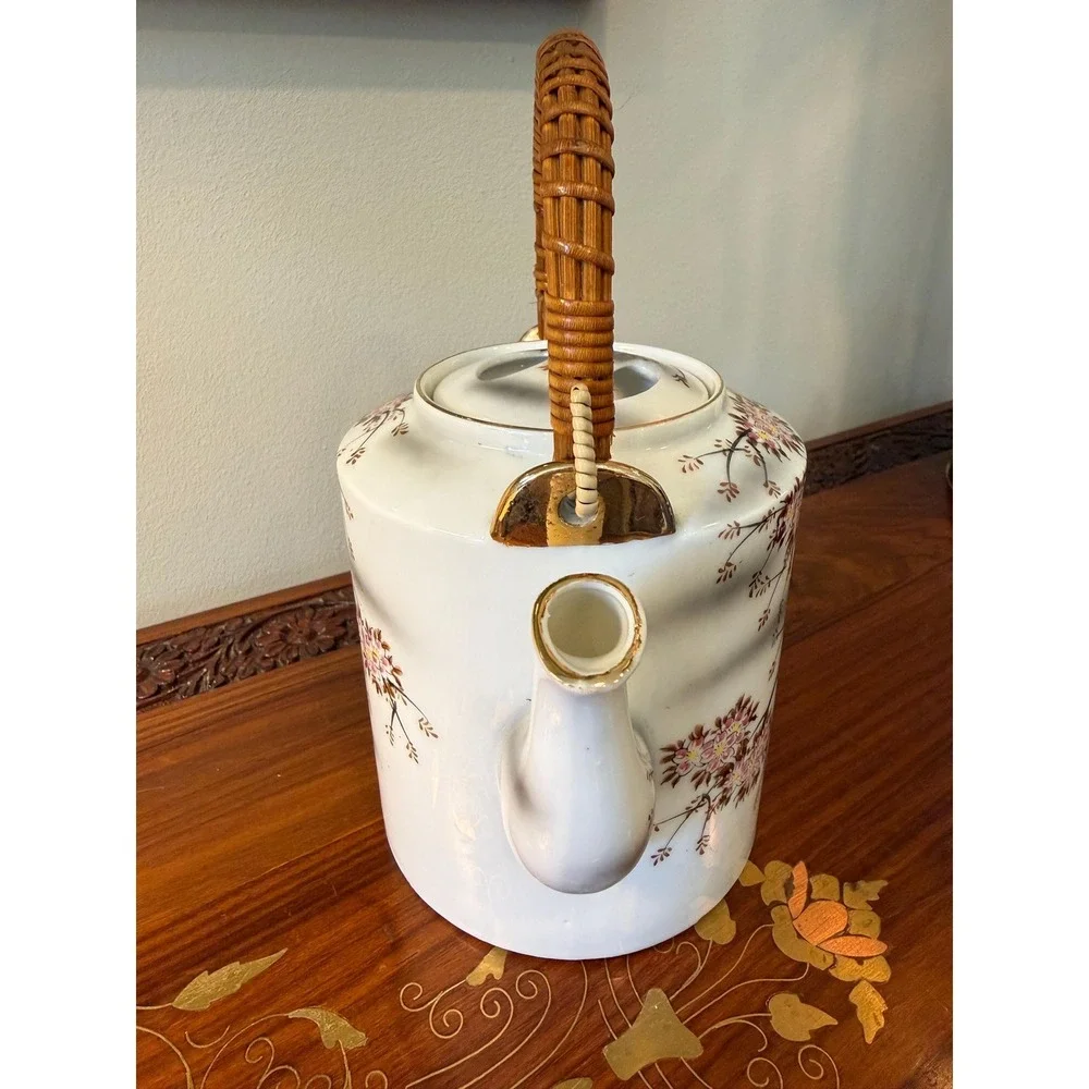 Vintage Cherry Blossom Teapot with Rattan Handle • Porcelain Floral Tea Pot‎